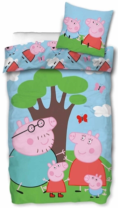 Gurli gris sengetøj - 140x200 cm - Familien Gris under træet - Vendbar dynebetræk - 100% bomulds sengesæt 
